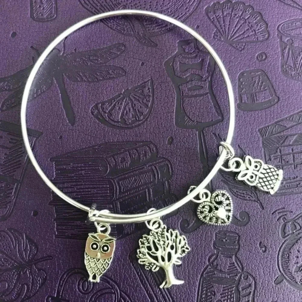 Owls Tree Heart High Polish Stainless Steel Adjustable Charm Bracelet NWT